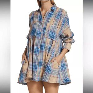 Free People Plaid Mini Dress in Blue and Tan